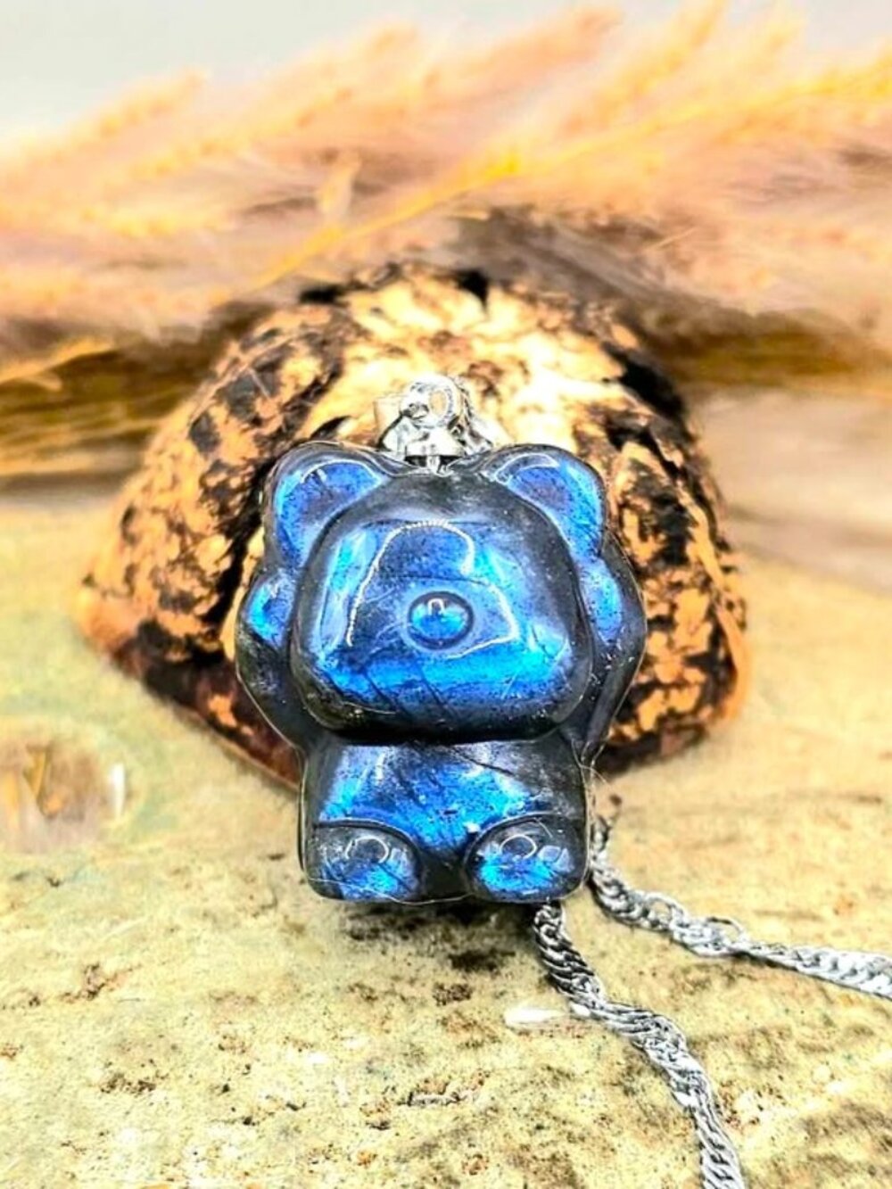 Nature Labradorite Carved Bear Pendant Necklace